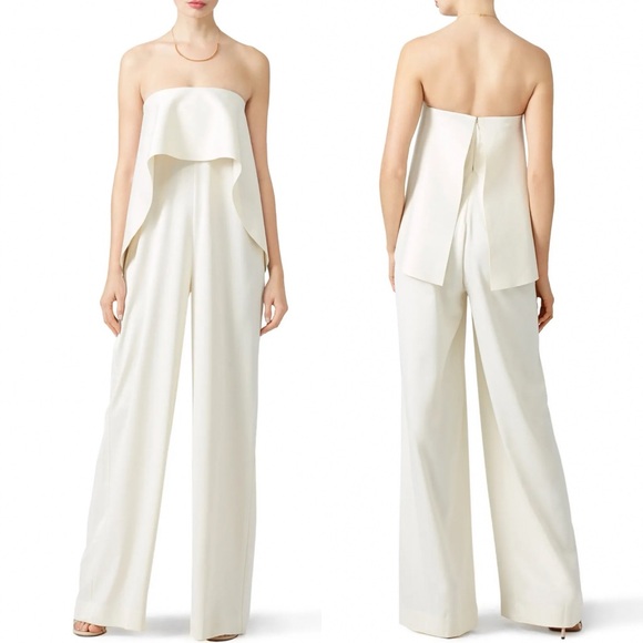 NWT Solace London Cadenza Ruffled Satin Strapless Jumpsuit Ivory